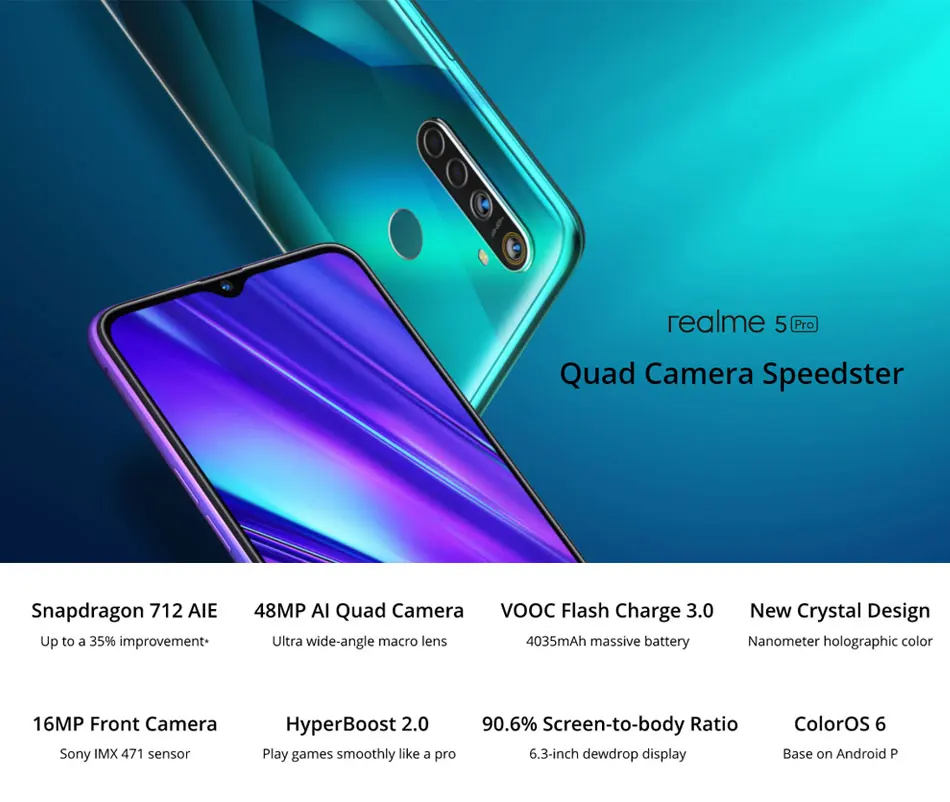Мобильный телефон Realme 5 Pro, версия ЕС, 4 ГБ/8 ГБ ОЗУ, 128 Гб ПЗУ, Восьмиядерный процессор Snapdragon712, 6,3 дюймов, 1080x2340 P, 4035 мАч, две sim-карты, Android