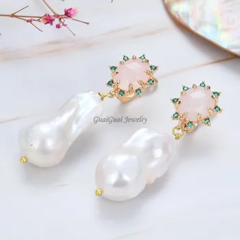 

GG Jewelry Natural Pearl Natural Cultured White Keshi Pearl Rose Quartzs pave stud Earrings cute style for women lady jewelry