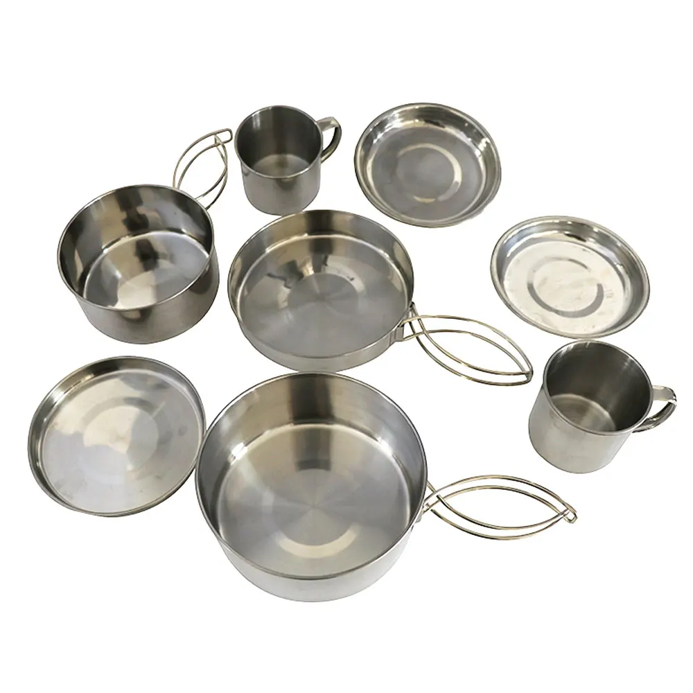 Strong Stainless Steel 8pcs Suit Hike Cooking Picnic Pot Outdoor Pot Tool Survival Camping Cookware Bowl Pan Travel