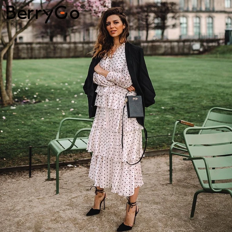 Skup BerryGo elegancka sukienka z polka dot szyfonowa damska z długim rękawem potargane długa sukienka warstwowa sukienki damskie w stylu Vintage vestidos