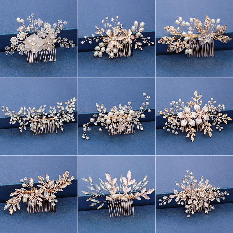 Trendy Handmade Tiara Wedding Hair Comb Leaf flower Bridal Headpiece Gold Pearl Rhinestone Head Jewelry Wedding Hair Accessories