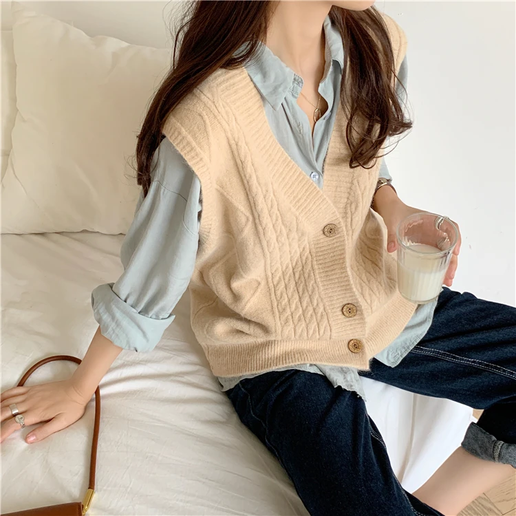 solid loose sweater spring autumn Women's vest knitted v neck joker womens vests winter outerwear New |