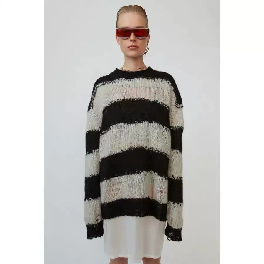 

Retro Coloured Sweaters 2019 New Two-Colour Weared Old Sweaters Loose Lazy Shoulder-Dropping Knitted Pullovers O-Neck Sweater