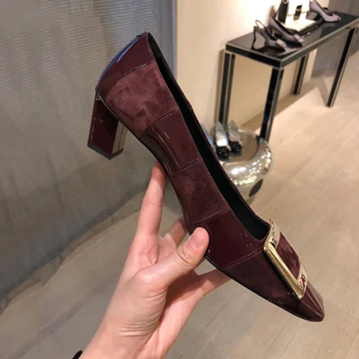 wine red 1 Туфли-лодочки; модель года; обувь из разноцветной замши с квадратным носком на толстом среднем каблуке; обувь из лакированной кожи в винтажном стиле; женская офисная обувь; цвет винный, красный, телесный - Цвет: wine red 1