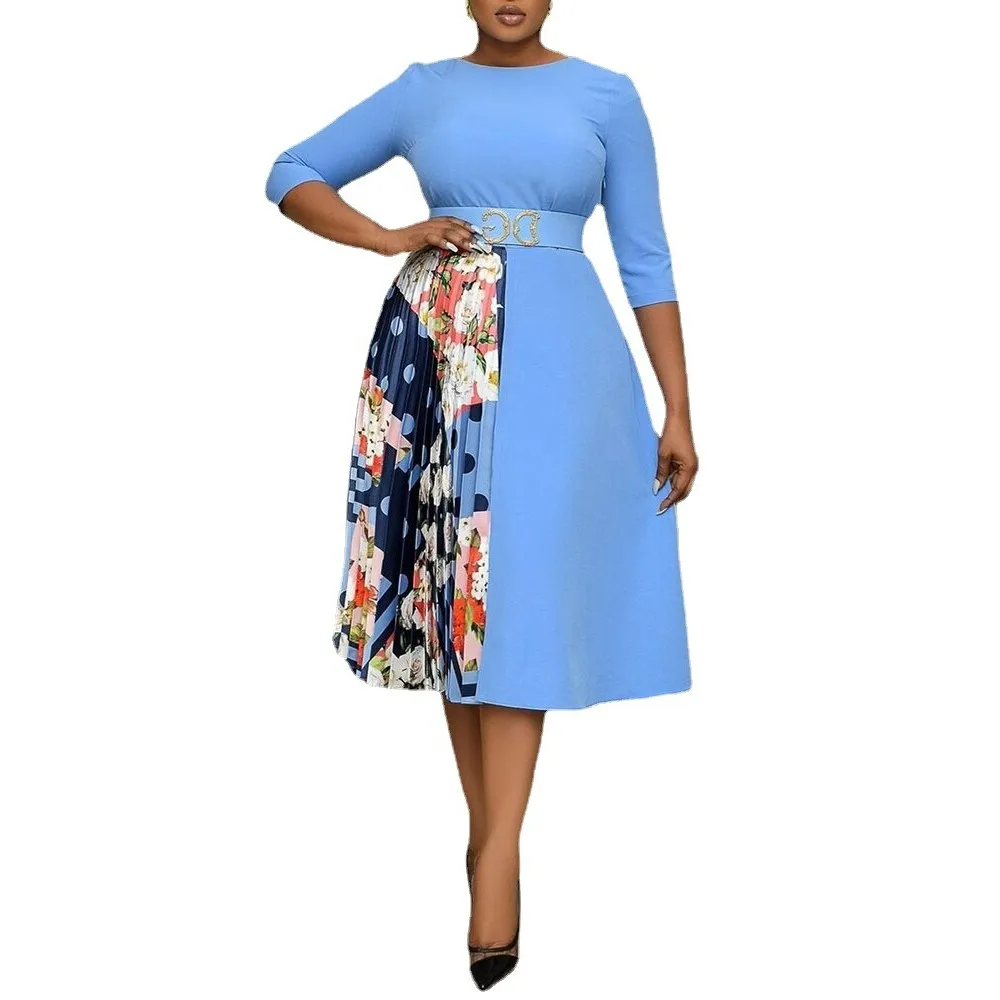 2021 New African Dress Female Round Collar Splicing Dashiki Print Pleated Dress High Waist Slim Skirt Elegant Party Vestidos 3XL