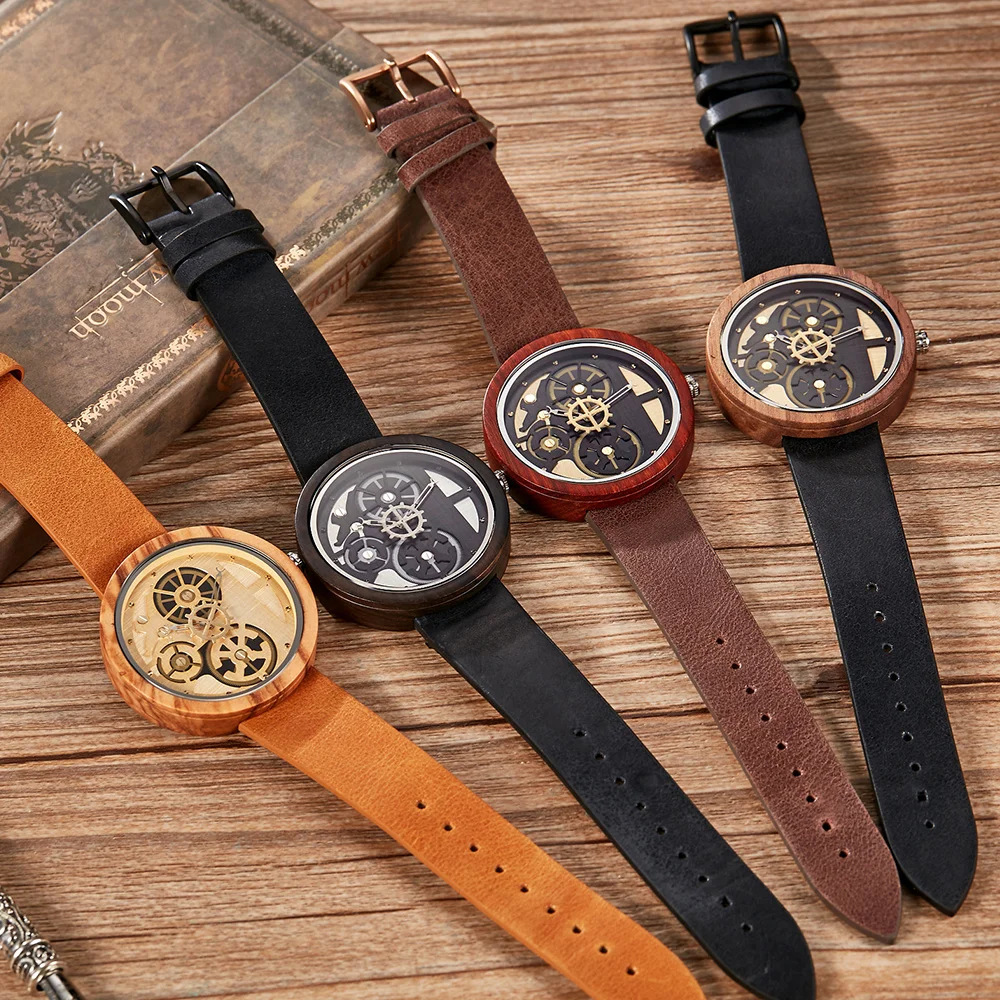 Relógio de Madeira Exclusivo para Homens Relógios de Pulso com Pulseira de Couro Quartz Movement Calendar