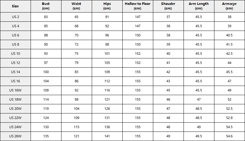 礼服定制尺码表