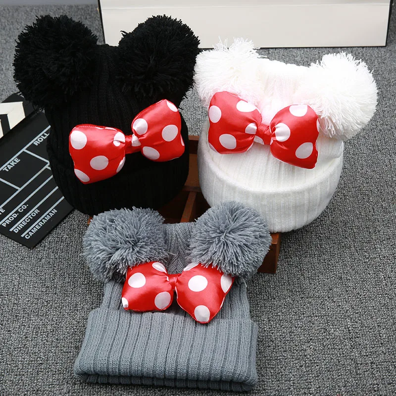 

2020 New Cute Polka Dot Cartoon Big Bow Elastic Baby Hat Children's Knit Cotton Beans Autumn Winter Warm Girl Double Pompom Cap