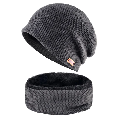 Gray3 Set Зимняя шапка Мужская теплая вязаная шапка и шарф Наборы толстый двойной слой Добавить Бархат шапки Женские спортивные повседневные наборы шапка - Цвет: Gray3 Set