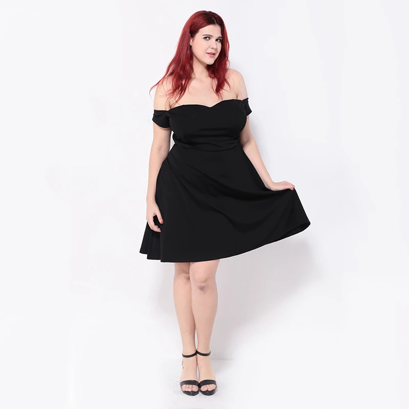 

Kissmilk Plus Size Woman Clothes Solid Black Temperament Collar With Off-the-shoulder Dress