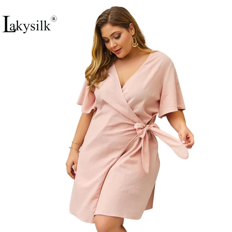 

XL-4XL 2019 Plus Size Pink Dress Women Autumn Cotton Sexy V-Neck Dresses Female Belt Loose Maxi Party Vestidos