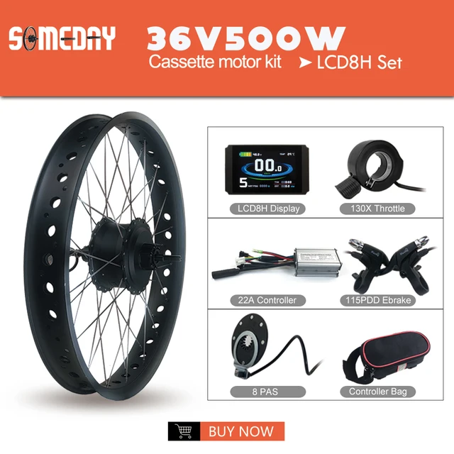 SOMEDAY 36V/48V 500W Snow Bike Electric Bicycle Conversion Kit 20 26 Inch Wheel Rear Cassette Hub Motor for Fat Tire Bike 36V LCD8H Set