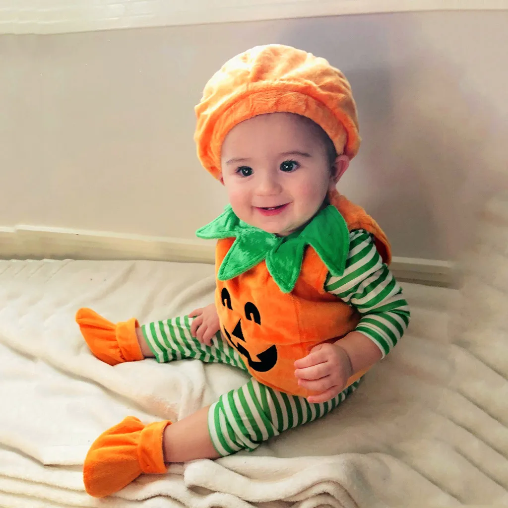 

2020 Children's Halloween set Toddler Baby Kids Girls Demon Pumpkin Halloween 1PC jumpsuit+1pc hat+1pair shoes Neutral suit Y4