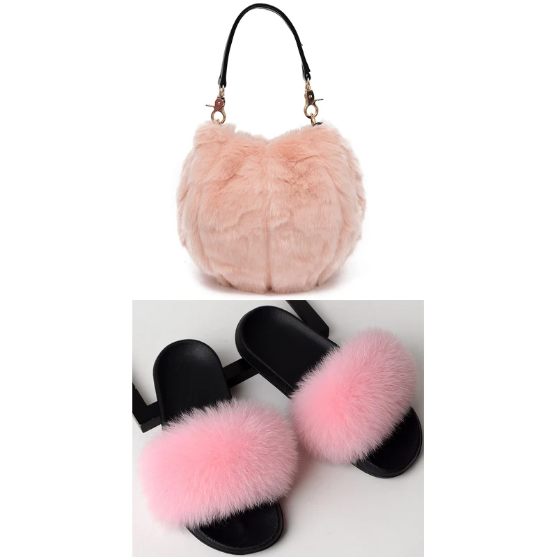 Women's Casual Plush Slippers Bag Set Ladies Pumpkin Cute Furry bag Real Fox Fur Slippers Set Elegant Dating Fluffy Slides Purse