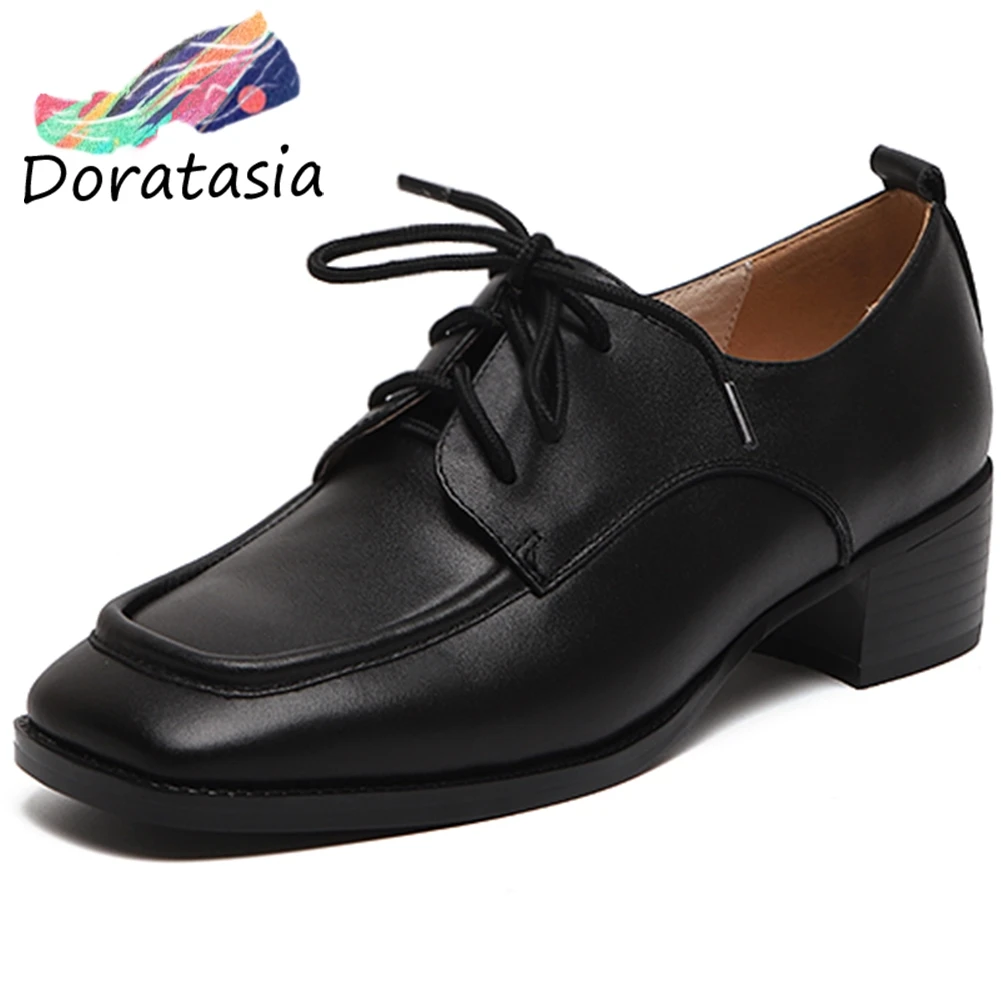 

DORATASIA Consise Girl Lace Up Med Heels Genuine Leather Sewing Black Flats Square Toe Lady Flats Women Office Shoes Woman
