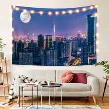 

Laeacco City Night View Pretty Sky And Full Moon Printing Fashion Tapestry Wall Hangings Modern Home Living Room Decor Polyester