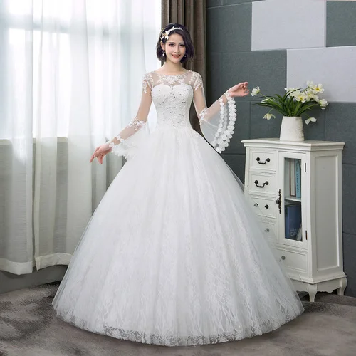 Свадебное платье со шнуровкой; свадебное платье принцессы; платья с длинными рукавами для невесты; Бальные платья - Цвет: off white