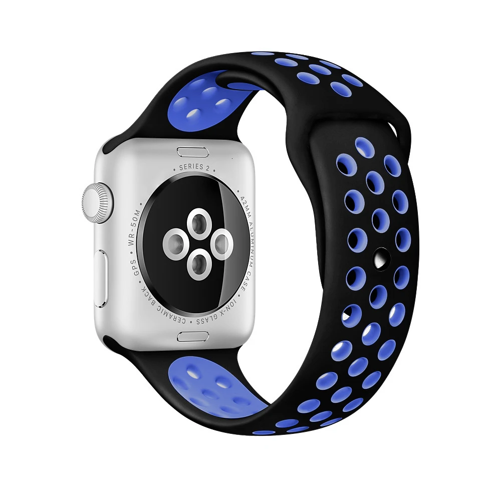 Black Blue Мягкий силиконовый браслет для Apple Watch 42 мм ремешок 44 мм дышащий iwatch серия 5 4 3 2 1 Замена 42 мм ремешок для часов 38 мм ремешок - Цвет ремешка: Black Blue