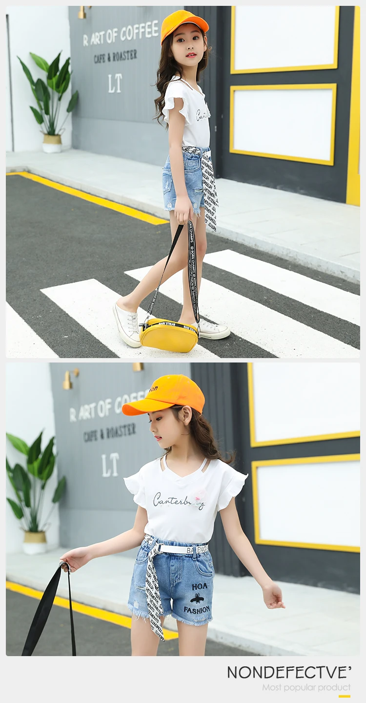 Cheap Summer Children Girls Clothes Ruffle Sleeve White T-shirt Two Piece Outfits Short Denim Pants Clothing Sets For Girls