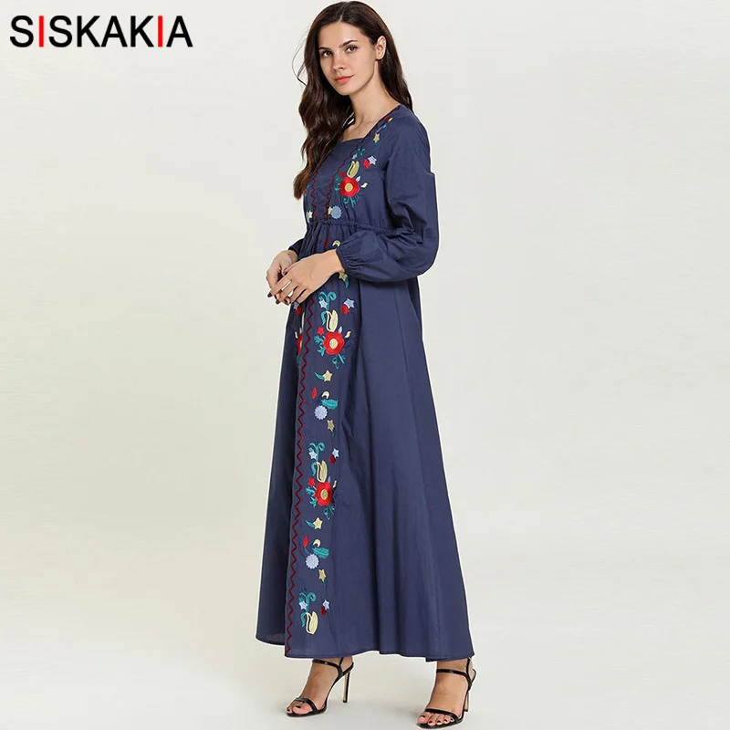 Siskakia/женское длинное платье в этническом стиле с цветочной вышивкой; элегантное ТРАПЕЦИЕВИДНОЕ ПЛАТЬЕ с пышными рукавами; Повседневная мусульманская одежда; сезон весна-осень; Femme