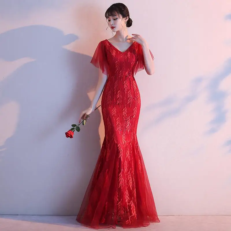 Бургундия полная длина благородный Qipao женское сексуальное Cheongsam оболочка вечернее платье элегантный лук Vestidos De Festa китайское платье - Цвет: Red