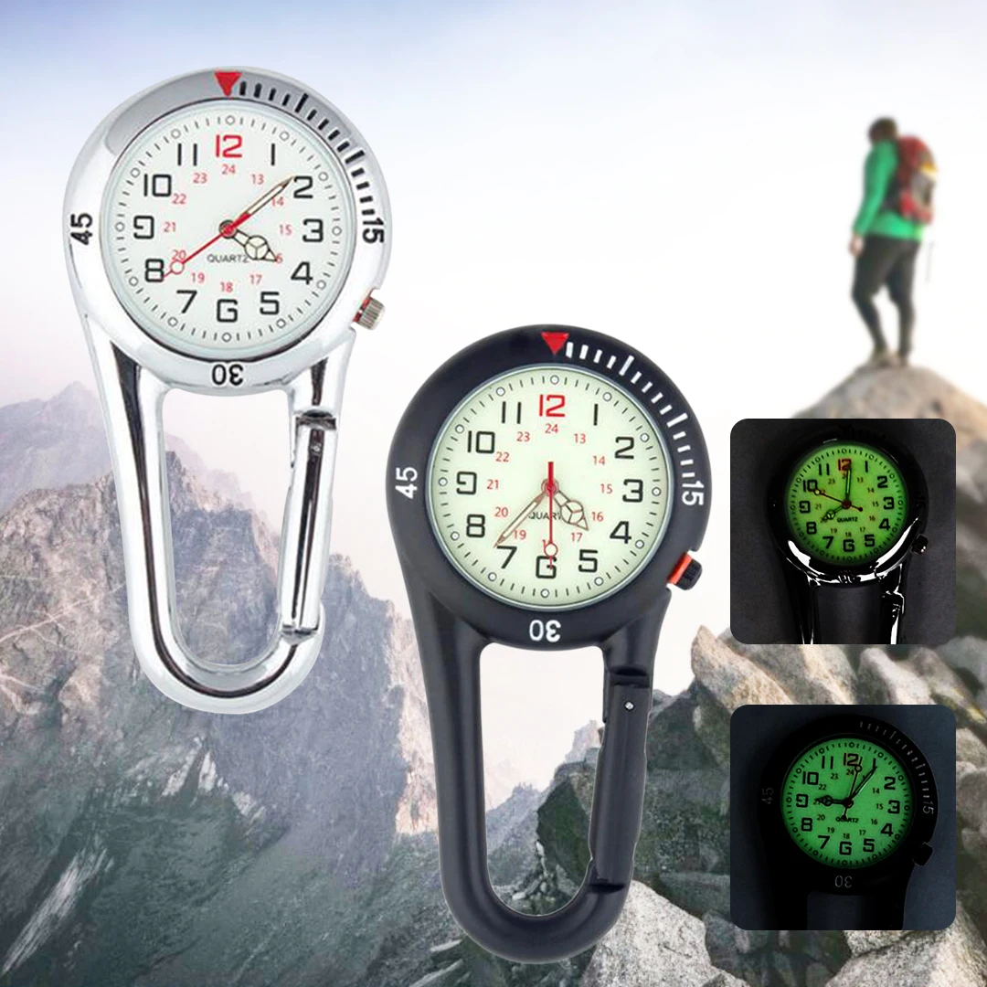 Открытый Мини Круглый циферблат арабские цифры Кварцевые аналоговые карабин Часы Открытый Спорт клип на ремне карманные Fob часы светящиеся часы