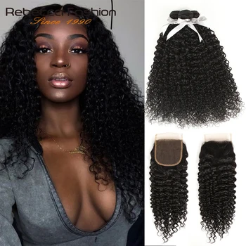 Rebecca Kinky Curly 3 Bundles With Closure Remy Human Hair Weave Extensions Brazilian Curly Hair Bundles With Closure 1