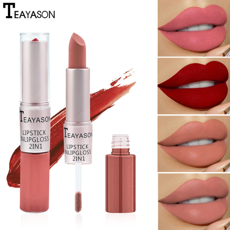 TEAYASON Lipstick Double-Head Matte Lip Gloss Lasting Bean Paste Color Non-stick Cup Glaze Makeup TSLM1 |