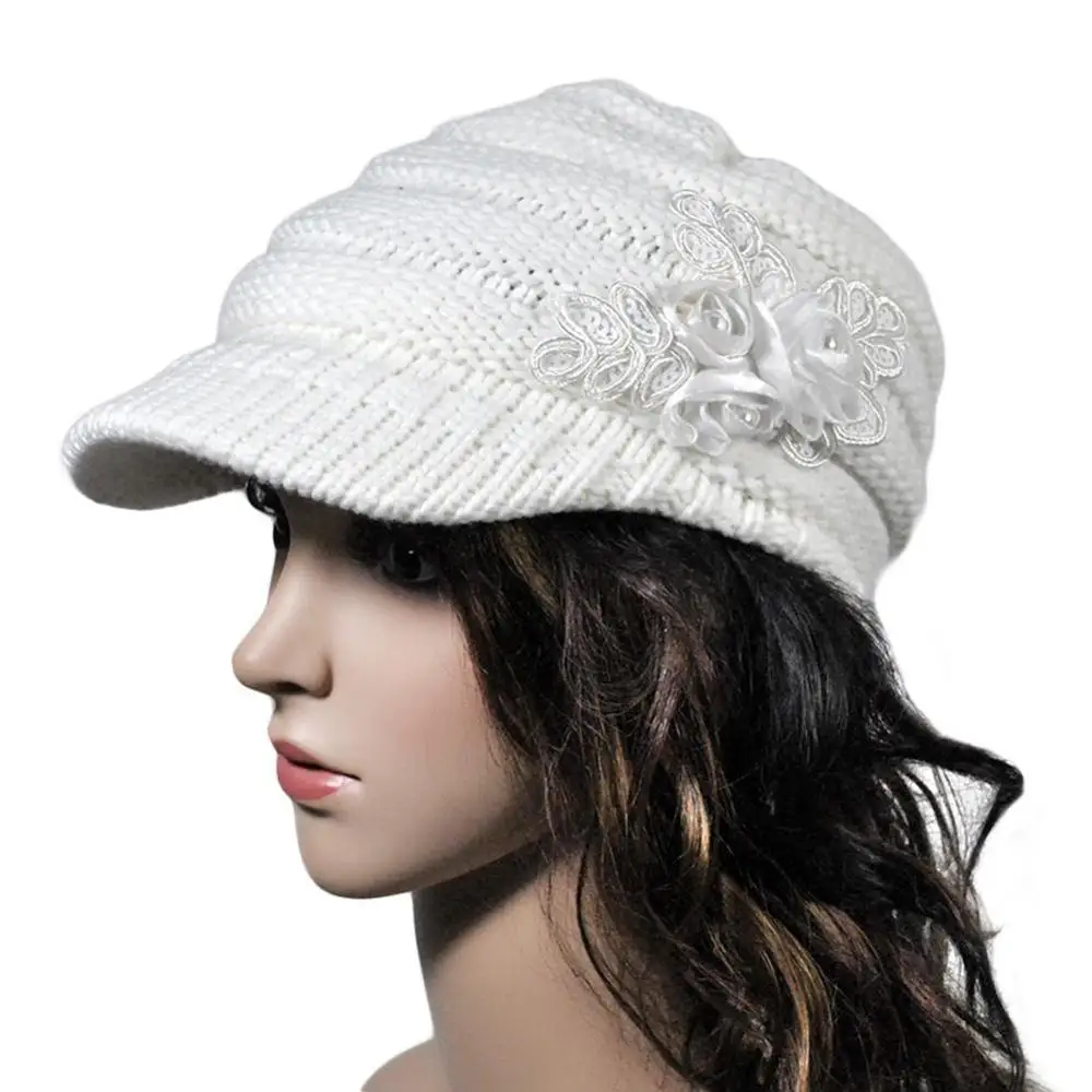 white hat Корейская новая вязаная шапка для женщин и девушек, теплая зимняя шапка с цветком и блестками, вязаная шапка с полями, зимняя шапка - Цвет: white hat