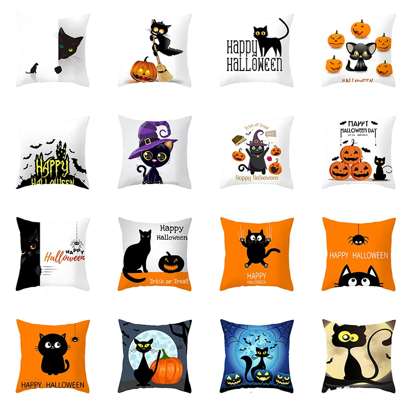 

Happy Halloween Cushion Cover Night Cat Orange Pumpkin Throw Pillow Case Polyester Peachskin Home Sofa Office Decor Pillow Cover