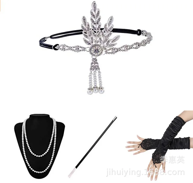 1920 S Flapper девушка большой Гэтсби длинные перчатки Pipo Жемчужное ожерелье Набор для волос