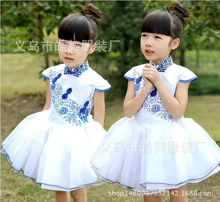 

Children Erhu Guzheng Performance Children Performance Wear Blue And White Porcelain Tutu CHILDREN'S Dance Dance Folk Costume