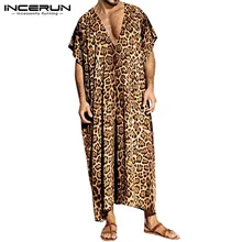 Модные мужские халаты с леопардовым принтом, короткий рукав, v-образный вырез, одежда для сна, свободные купальные халаты, повседневная домашняя одежда для мужчин, мусульманский кафтан INCERUN