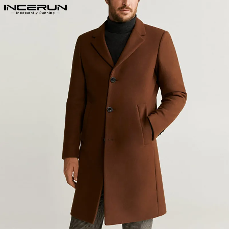 INCERUN Fashion Men Coats Solid Faux Wool Blends Long Sleeve Jackets Elegant 2020 Autumn Winter Chic Lapel Brand Mens Overcoats INCERUN Fashion Men Coats Solid Faux Wool Blends Long Sleeve Jackets Elegant 2020 Autumn Winter Chic Lapel Brand Mens Overcoats