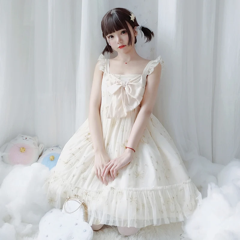 

Japanese sweet lolita dress vintage lace bowknot starry sky printing high waist victorian dress kawaii girl gothic lolita jsk