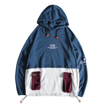 

Color Block Men Hoodies Streetwear Sweatshirt With Front Coin Pocket Patchwork Fleece Casual Male Hooded Pullover Loose New