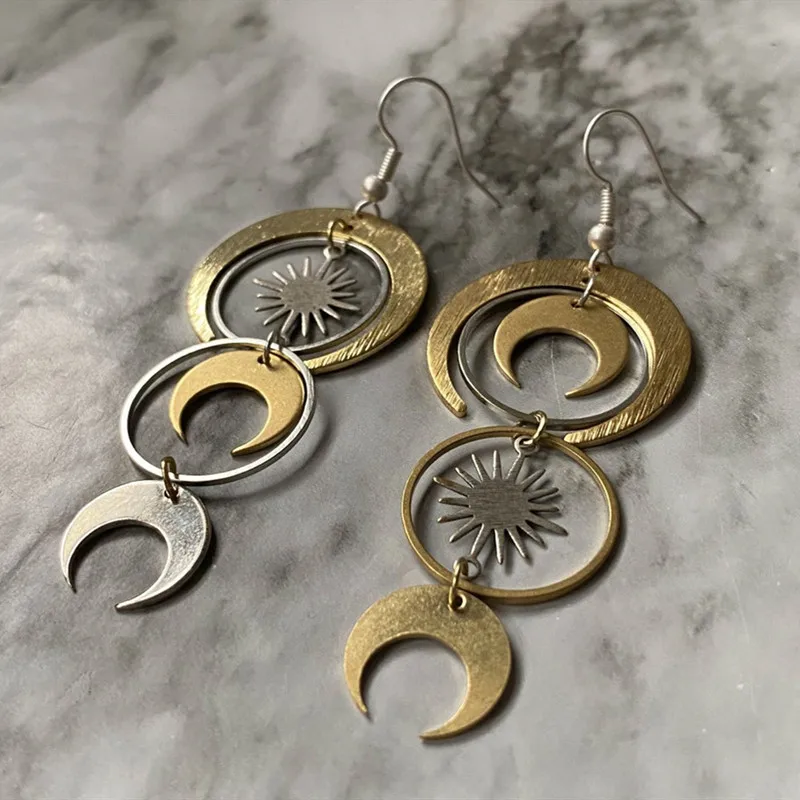 Mixed Metal Gold Silver Plated Geometric Crescent Moon Phase Earrings, Celestial Boho Witchy Jewelry