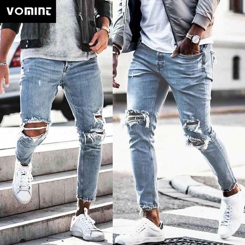 

VOMINT New Fashion Men Jeans Pierced European and American Popular Wear Trousers Men Feet Pants High Street Jeans