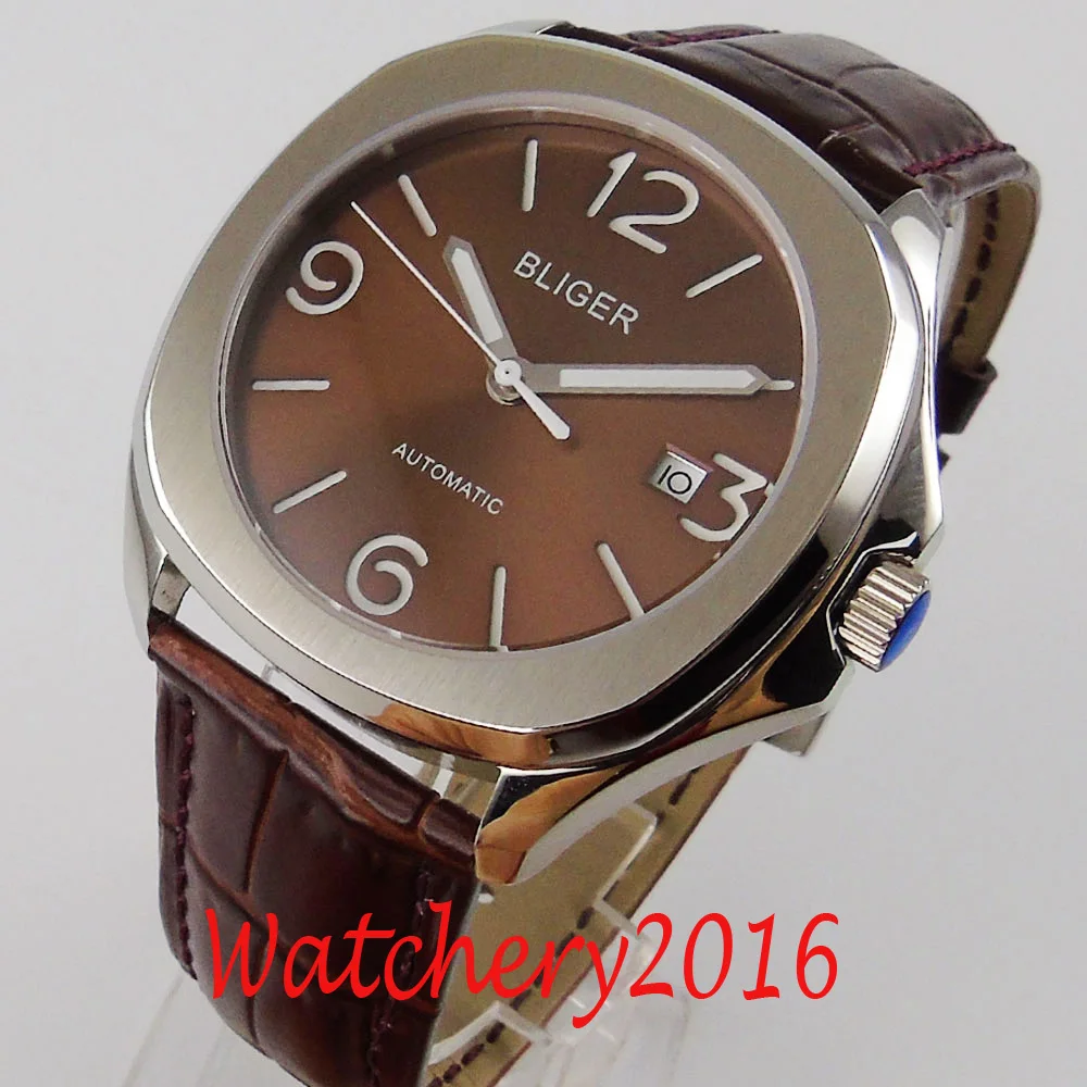 

40mm Bliger Brown Dial Luminous Hands Sapphire Glass Date Mingzhu 2813 Miyota 8215 Automatic Movement Mens Watch