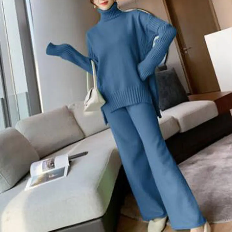 JXMYY Sweater Set Women Tracksuit Spring Autumn Knitted Suits 2 Piece Set Warm Turtleneck Sweater Pullovers Wide Legs Pants ladies loungewear Women's Sets