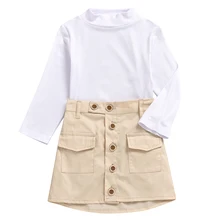Новинка, комплект одежды из 2 предметов для маленьких девочек, рубашка с длинными рукавами топ+ бежевое короткое платье для маленьких девочек платье для девочек возрастом от 2 до 7 лет