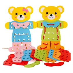 Медвежонок платье резьба доска Детский сад деревянный раннее образование ношение игрушек веревка струнная игра Развивающие головоломки