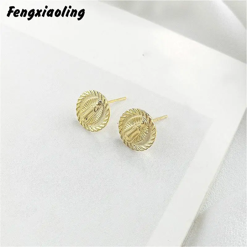 

Fengxiaoling 100% Genuine 925 Sterling Silver Retro Style Personality Virgin Mary Stud Earrings For Women Elegant Jewelry