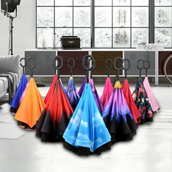 

Double Layers Reverse Umbrella Long Handle Folding Windproof Umbrella Inverted Self Stand Rain Protection C-Hook Hands for Car