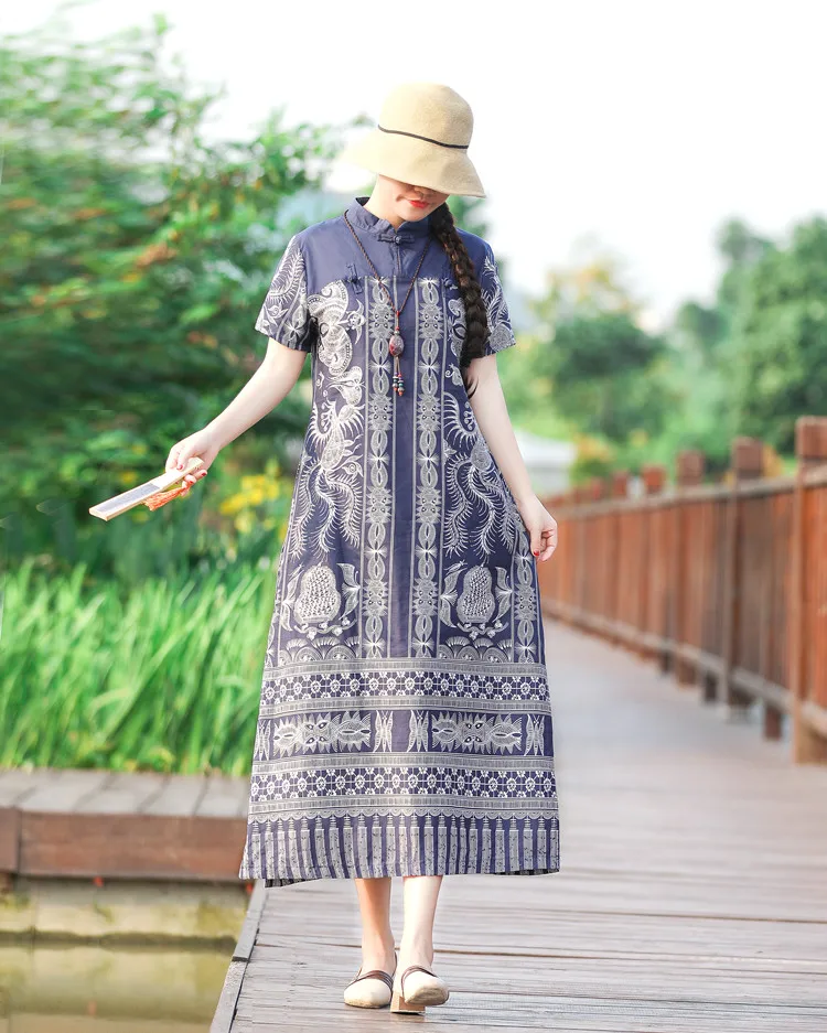 Китайское платье cheongsam qipao женское хлопковое и льняное платье cheongsam с коротким рукавом длинное платье qipao с цветочным принтом qipao - Цвет: color1