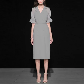 

Seifrmann Fashion Runway Designer Midi Dress Women Solid Chiffon V-Neck Sashes Summer Casual Home Coming Dress Ladies
