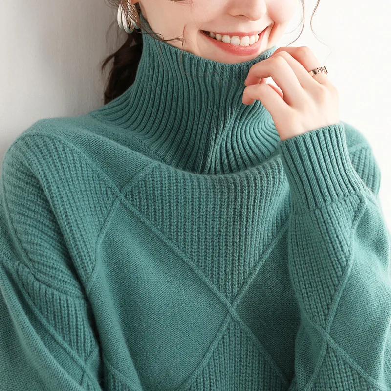 

Wool Clothes Loose Top Winter Cashmere High Neck Pullover Knitted Checkered Oversized Long Sleeve High-end Casual Women Sweater