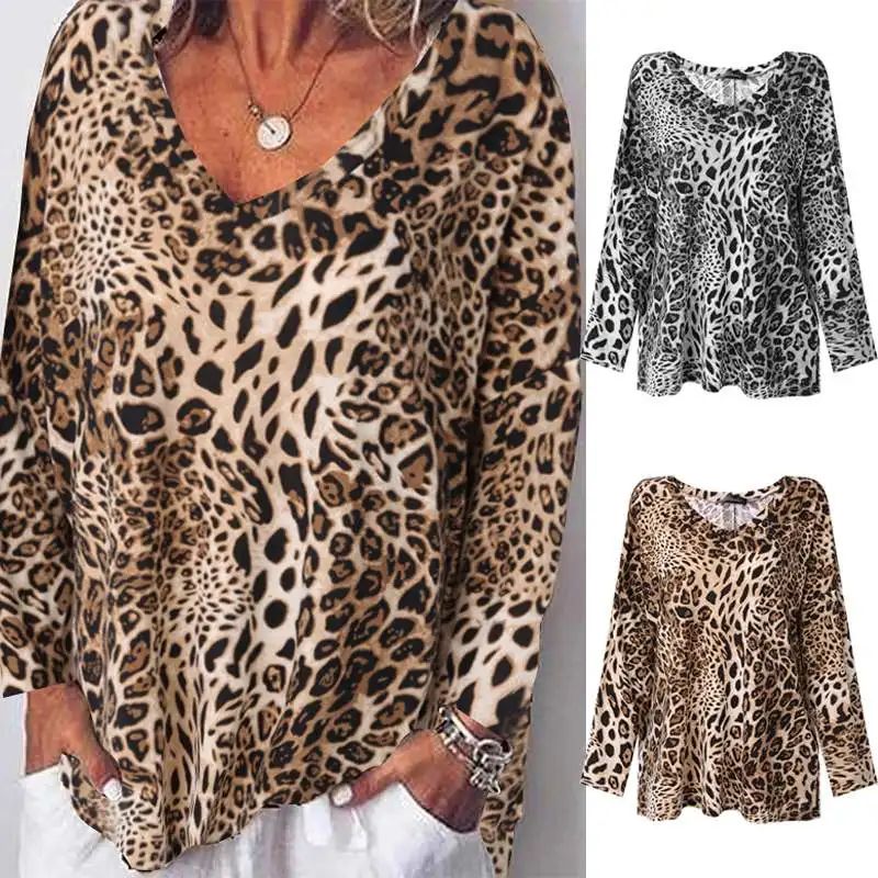 Размера плюс Для женщин топы и блузки рубашка с леопардовым принтом ZANZEA модные новые футболки с длинными рукавами, пуловеры, блузы Туника Рубашки