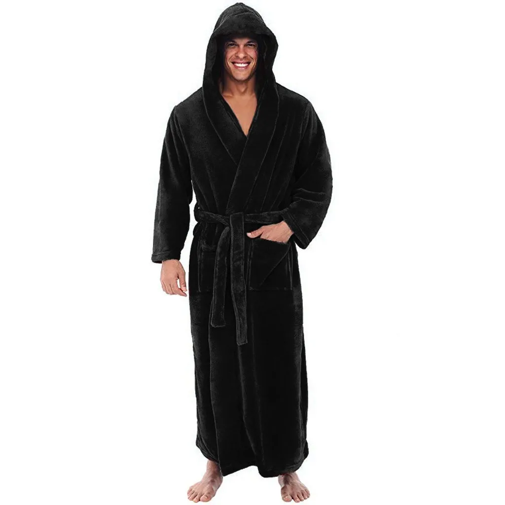 Мужской фланелевый Халат с капюшоном, толстый Повседневный зимний осенний длинный халат-кимоно, теплая домашняя пижама банный халат, пижама, ночная рубашка