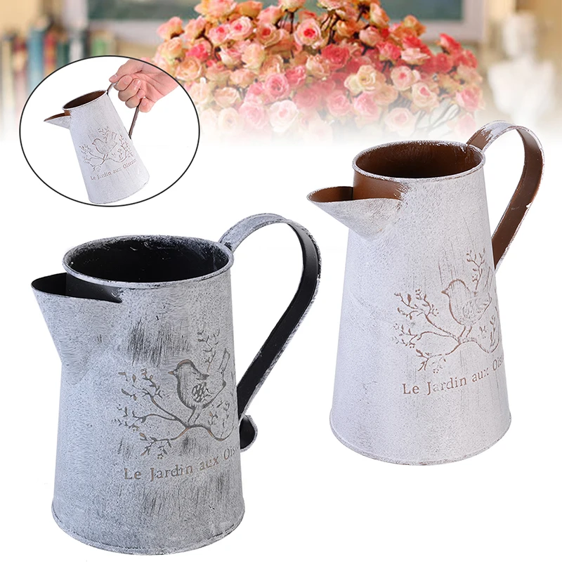 1pcs Vintage Galvanized Metal Iron Flower Pot Vase Desktop Plant Vase Household Decoration Vases